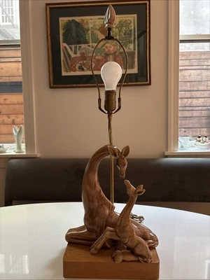Vtg 50's Royal Haeger Pottery Mom & Baby Giraffe Figural Lamp R-1301 Wood Base - Image 1 of 4