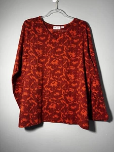 D & Co Denim & Co Gr. 1X rot & orange Print Tunika Top V-Ausschnitt Langarm NEU - Bild 1 von 5