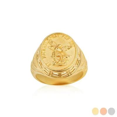 Gold Religious Patron Saint Michael Archangel Beaded Oval Signet Ring - Image 1 of 4