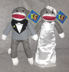 Sock Monkey Princess Penelope & Sammy Sarsaparilla Bride & Groom Wedding Pair - Picture 1 of 9