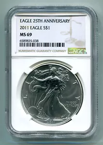 2011 AMERICAN SILVER EAGLE NGC MS69 NEUES BRAUNES ETIKETT PREMIUM QUALITÄT SCHÖNE MÜNZE PQ - Bild 1 von 2