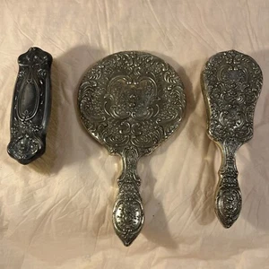 Vintage versilbert verziert Waschtisch Set Handspiegel Haarbürste kleine Bürste JAPAN LESEN - Bild 1 von 16