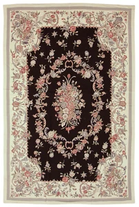 RRA 6x9 Fine Needlepoint Aubusson Medallion Design Black Rug 13941 - Picture 1 of 2