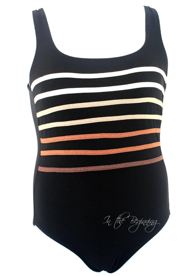 Longitude Medium Black Ribbed One Piece Swimsuit With Stripes EUC - Image 1 of 1
