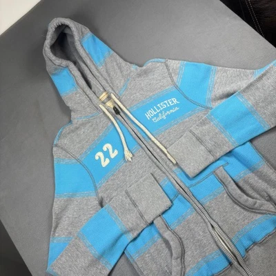 Sudadera con Capucha Y2K Hollister Para Hombre Gris Medio Azul Rayas Cremallera Completa Sudadera Años 2000 Foto 1 de 4