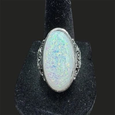 Silver Toned White Opal Statement Ring - Vintage-Inspired - Size 8 ½ - Image 1 of 4