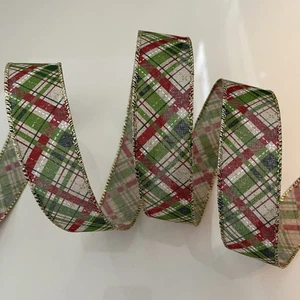 5 Yards 1.5” Red, Green, Beige Diagonal Stripe Wired Ribbon - Picture 1 of 1