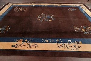 Antique Floral Art Deco Nichols Chinese Area Rug Wool Hand-Knotted Brown 9'x12' - Picture 1 of 12