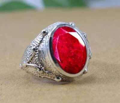 Solid 925 Sterling Silver Natural Pink Ruby Corundum Gemstone Signet Men's Ring - Image 1 of 4