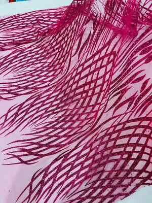 Hot Pink Glitter Damask Fashion Design By The Yard, Glitter Sequin on Mesh - Image 1 of 4