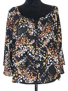 WOMENS STEM & VINE 3X BLOUSE TIE TASSEL AT NECK BUTTON FRONT BLACK W MULTI SPOTS - Picture 1 of 9