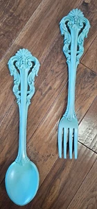 Big Fork and Spoon VINTAGE HOMCO Set MCM Blue Ornate Molded Plastic Wall Decor - Picture 1 of 7