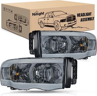 For 2002-2005 Dodge Ram Smoke LED Tube Halogen Headlights Pair Set - Image 1 of 4