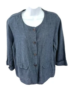 Flax Jacket Womens Small Blue 100% Linen Boxy Blazer Cuffed Sleeves Pockets  - Picture 1 of 11