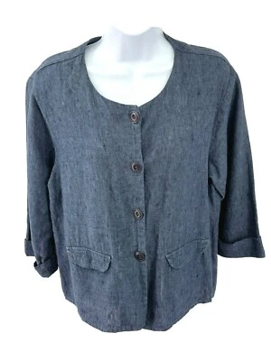 Flax Jacket Womens Small Blue 100% Linen Boxy Blazer Cuffed Sleeves Pockets  - Image 1 of 4