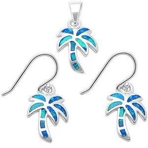 Blue Opal Palm Tree .925 Sterling Silver Earrings & Pendant Set - Picture 1 of 2
