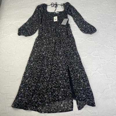 ASTR The Label Floral Smocked Long Sleeve Midi Dress Black Purple XS Cottagecore - Image 1 of 4