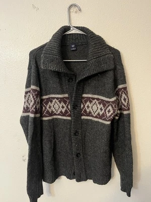 Vtg Gap Cardigan Sweater Men's Size L Gray Winter Pattern Wool Nylon Camel Hair - Image 1 of 4