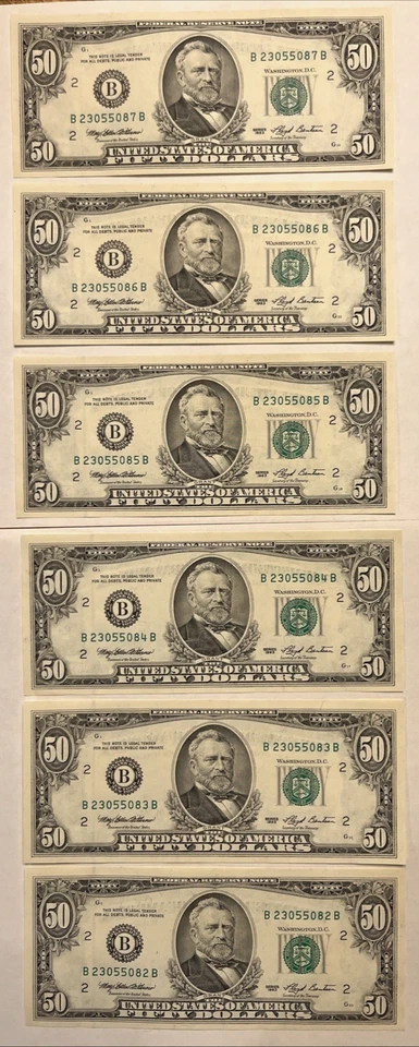 Lot 6 $50 1993 Consecutive Serial# CU Note Run 23055082-23055087 Grant $300 Face - Image 1 of 4