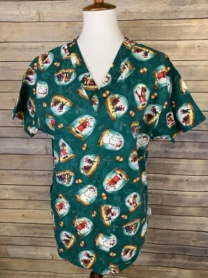 Crest Cotton Womens Small Scrub Top Christmas Snowglobe Print Holiday Unisex - Image 1 of 4
