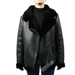 Women Sheepskin Fur Leather Jacket - Handmade Genuine B3 Bomber Aviator Shearlin - Picture 1 of 16