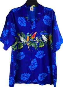 Rima hawaiian parrots button up blue shirt vacation beach cruise xl - Picture 1 of 5