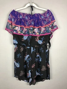 Express Off Shoulder Floral Paisley Romper XL Black Purple Pullover Neck Tie NEW - Picture 1 of 6