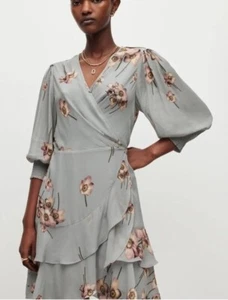 All Saints Ari Fillipa Floral Sage Green Pleated Asymmetric Hem Dress Size 8 NWT - Picture 1 of 5