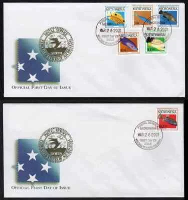 MICRONESIA, SCOTT # 424-429, COMPLETE SET OF 2 FDC COVERS TYPES OF FISH 2001 - Image 1 of 3