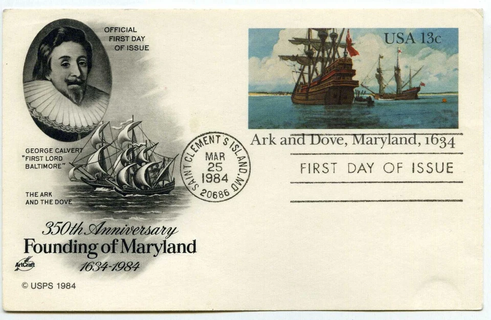 UX101 Ark and Dove, Maryland, 1634, ArtCraft, FDC - Image 1 of 1