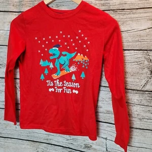 Cat & Jack Boy LS Pajama Top Red Christmas T-Rex Dinosaur Snowboarding Medium  - Picture 1 of 3