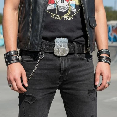 Uomo Metallo Argento Grande Moda Cintura Fibbia Ca Stato California 10 Freeway - Immagine 1 di 4