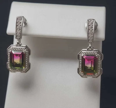 5.28ct Watermelon Quartz Triplet & White Zircon Dangling Earrings - Image 1 of 4
