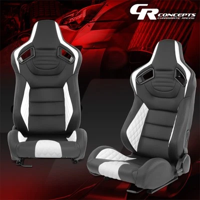 Universal White Vinyl Leather Reclinable Racing Seats w/Dual Sliders Left+Right - Image 1 of 4