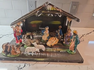 JUEGO BELÉN RELIQUIA VINTAGE FONTANINI PINTADO A MANO ~ 10 PIEZAS 4-5" + ESTABLO - Imagen 1 de 16