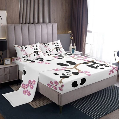 Простыни на резинке для девочек панда королевский размер цветы вишни комплект из 4 предметов детские B... - Изображение 1 из 4