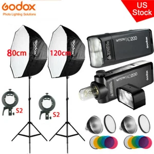 US 2*Godox AD200 2.4 TTL HSS Pocket Flash+80cm+120cm Umbrella Softbox Stand Kit - Picture 1 of 12