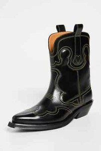 Ganni Low Shaft Embroidered Western Boots - Black/Yellow ( Origin $595 ) - Picture 1 of 23