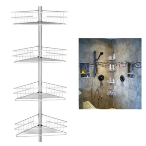 Shower Caddy Storage Bathroom Corner Shelf Rack Tension Pole Triangular 4 Tier - Picture 1 of 17