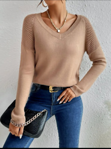 Raglan Sleeve Pointelle Long Sleeve V-Neck Apricot Beige Knit Sweater S