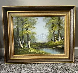 Vintage Framed S. Hopkins Oil Landscape Painting Trees Mountain Scene 20x16 - Picture 1 of 14