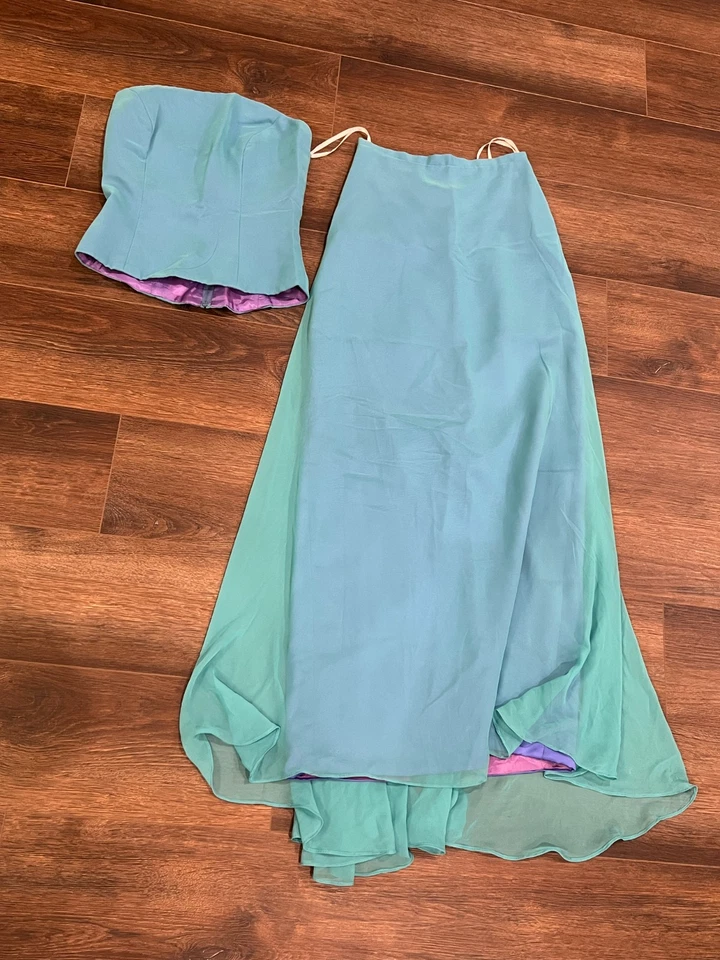 Vintage Lazaro Two-Piece Formal Gown Aqua Blue Chiffon Satin Prom Dress Y2K 90s - Image 1 of 4