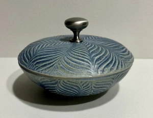Artisan Crafted Pottery Lidded Dish Bowl Blue Feather Design Signed Gean Bowen - Picture 1 of 9