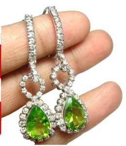 1.45ct Natural Round Diamond 14K BIS Hallmarked White Gold Peridot Hoop Earring - Picture 1 of 6
