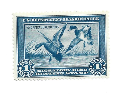 US MINT HUNTING PERMIT STAMP SCOTT RW1  1934  HING O/G  $1 BLUE MALLARDS ALIGH - Image 1 of 2