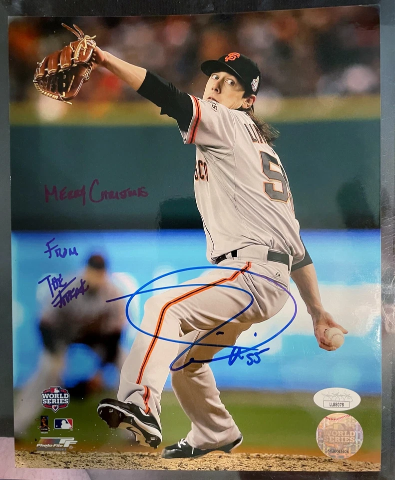 TIM LINCECUM signed auto autograph Inscribed Merry Christmas 8 x 10 Photo JSA  - Image 1 of 1