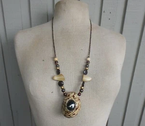Tagua Secret Pipe Necklace w Hematite Stone Beads Pearls Shell Adjustable Length - Picture 1 of 13