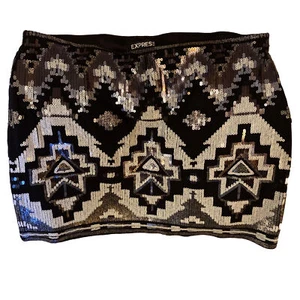 Express Mini Skirt Black Silver Metallic Sequins Aztec Women Sz S Vtg Y2K - Picture 1 of 9