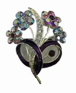 Vintage Emaille Brosche Anstecknadel silberfarben Strass Blume 4,4 cm - Bild 1 von 5