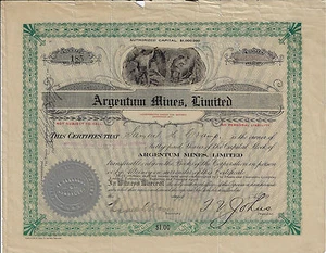 CANADA, Argentum Mines Limited 1908 Stock Certificate Toronto Cobalt Ontario - Picture 1 of 2